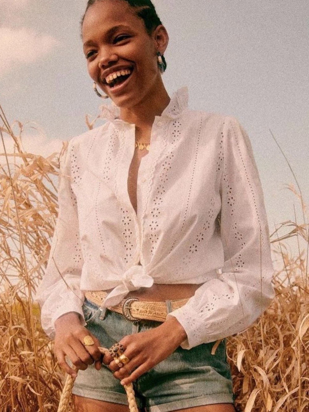 Sezane Polly Shirt- White Eyelet Button Down Shirt